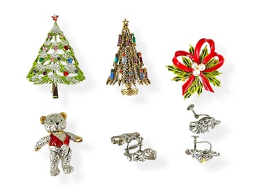 Hallmarked "ART" Christmas Pins, Adorable Teddy Bear Pin/Pendant and Two Pair of Vintage Rhinestone