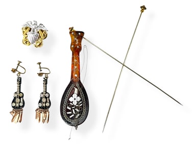Unusual Vintage Jewelry/Other: Miniature Mandolin w/Inlay, Guitar-Themed Earrings, Military Pin and