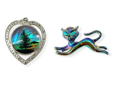 Vintage Heart Pendant w/Painted Morpho Butterfly Wing and Iridescent Blue Cat Pin