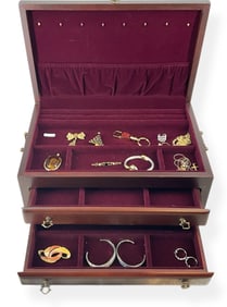 Large Dark Wood Fancy Jewelry Box w/Fashion Jewelry