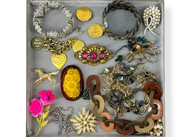 Vintage Costume Jewelry Pieces Including Bright Brooches, Darling Dog Pin, Gold-Filled Charm
