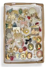 Huge Lot of Vintage Jewelry, Earring Tree, Pill Box, Vintage Cameos & Portrait Pins, Silver Abalone
