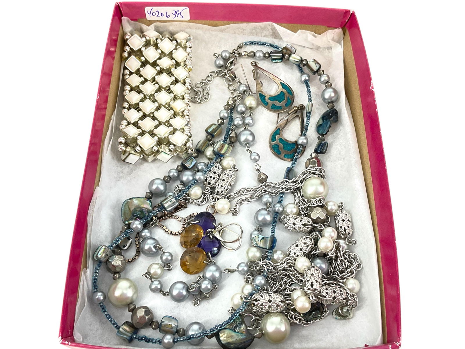 Shell Embellished Necklace, Alpaca Drop Earrings from Mexico, Sterling Silver ID Bracelet, Sarah (1 of 7)