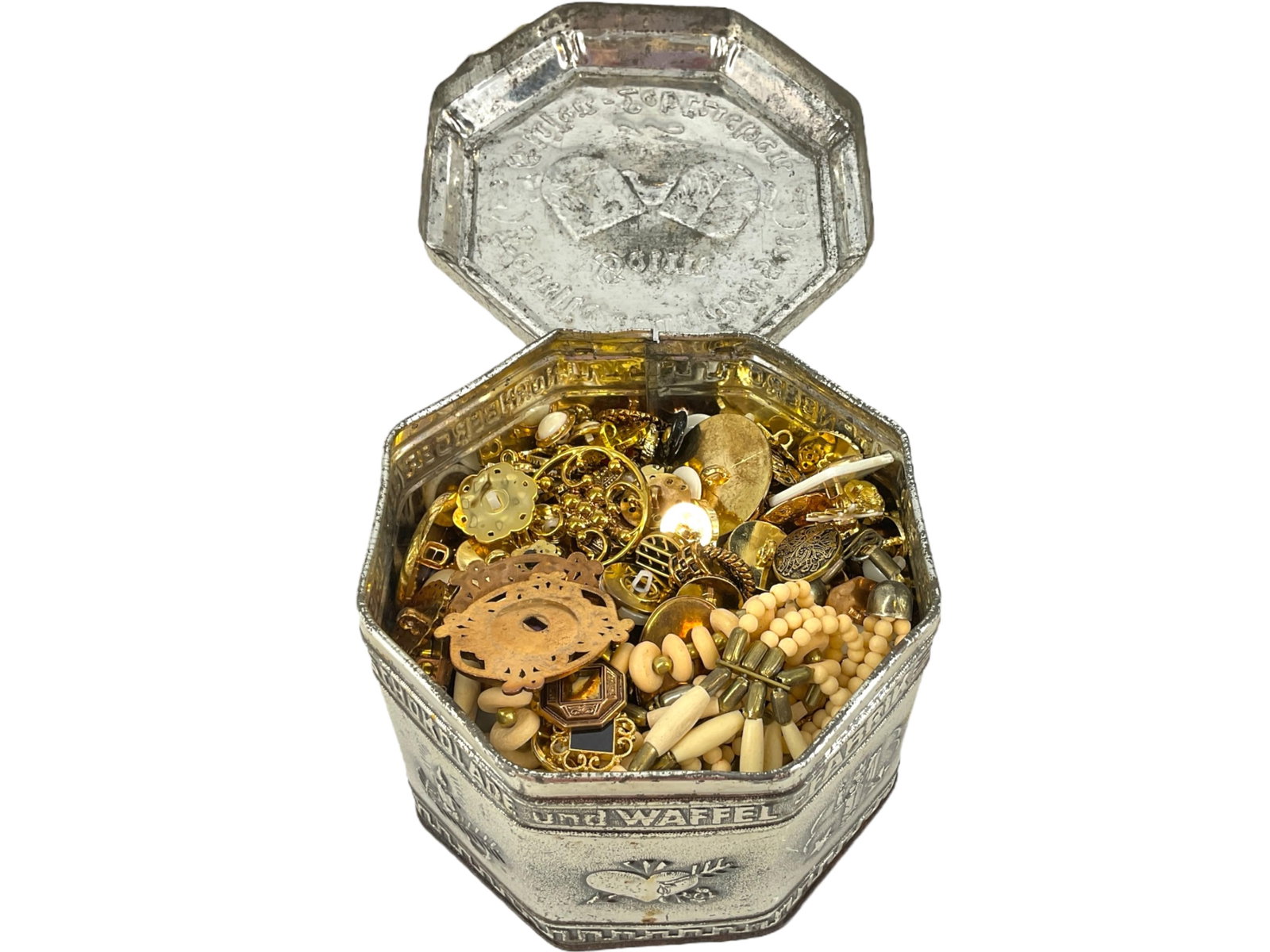 Artistic Glass Beads, Vintage Buttons and More in a Silver-Tone Vintage German/Bavarian Tin: Artistic Glass Beads, Vintage Buttons and More in a Silver-Tone Vintage German/Bavarian Tin Container Loose glass beads have swirls of color, are approx 1 1/4" long and could make a fabulous piece of 