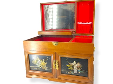 Large Vintage Asian-Themed Wood Jewelry Box and Vintage Fashion Jewelry Including Two Hatpins