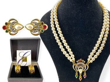 Vintage Elizabeth Taylor Fashion Earrings and Fancy Faux Pearl Necklace w/Matching Earrings