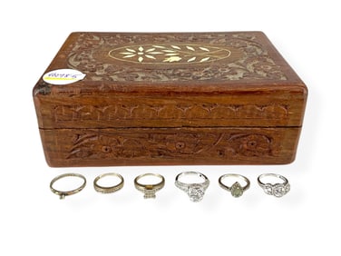 Carved Wood Box w/Inlay and Six Silver Rings Including a Gorgeous Signed "Vanna K" Ring