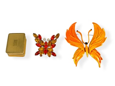 Two Signed Vintage Fashion Butterfly Brooches and a Hallmarked Vintage "Volupte" Pillbox