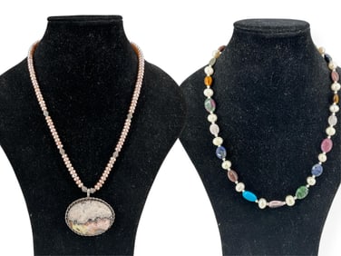 Sterling Silver Pink Pearl w/Stone Necklace & Baroque Pearl w/Multi-Color Stone Necklace