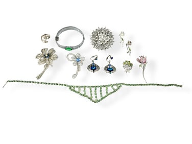 Sparkling Silver-Tone Vintage Fashion Jewelry Including Art Deco Bracelet and a Sterling Silver