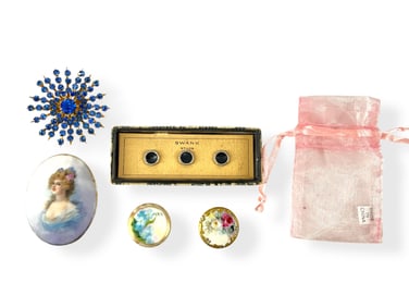 Vintage Swank Studs in Original Box, Hand-Painted Porcelain Pieces and a Signed "Coro" Blue