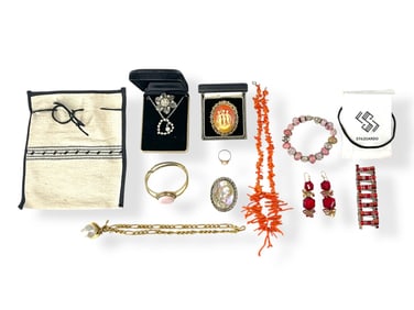Silver French Horn Pin w/Marcasites, Cute Elephant Necklace Holding Perfume, Garnet Beaded Bangle