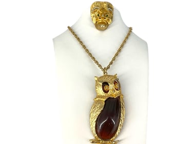 Scary-Man Face/Mask Brooch Hallmarked "Bellini" and a Vintage Curious Owl Pin/Pendant Necklace