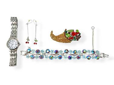 Vintage Blue Fashion Crystal Bracelet, Cornucopia Brooch, Cherry Themed Earrings and Ladies' Citizen