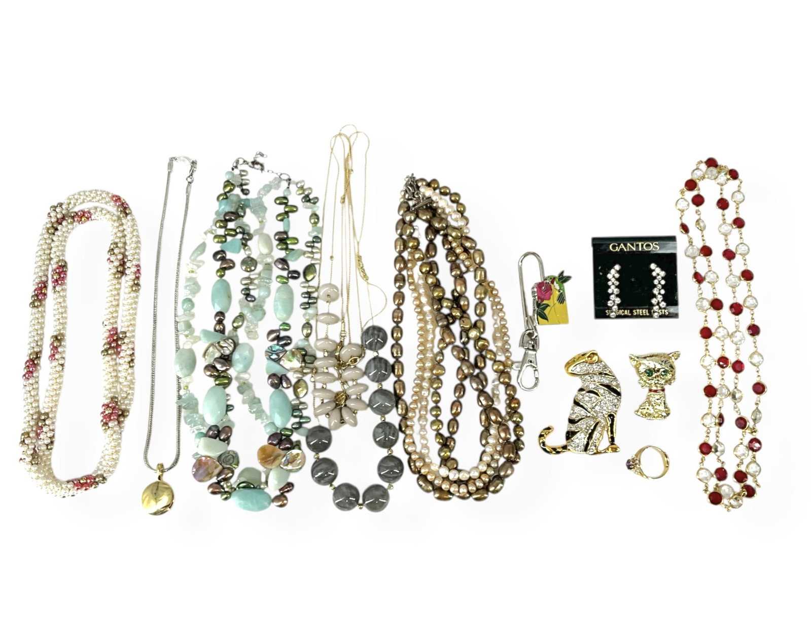 Pretty Fashion Jewelry Including a Darling Stamped "Gerry's" Cat Pin, Swarovski Crystal Necklace,: Pretty Fashion Jewelry Including a Darling Stamped "Gerry's" Cat Pin, Swarovski Crystal Necklace, Multi-Strand Freshwater Pearl Necklace w/Silver Clasp, Green Stone Necklace w/Freshwater Pearls & Abal