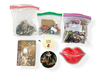 Vintage Fashion Jewelry Bags, Unused Notebook, "Lip" Motif Trinket Tray and More