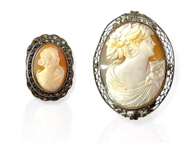 Vintage Silver Shell Cameo Pin and Decorative Cameo Ring