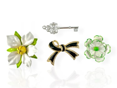 Three Big Fashion Brooches - One Hallmarked "Made in W. Germany" - and a Key Pendant w/DiamantÈ