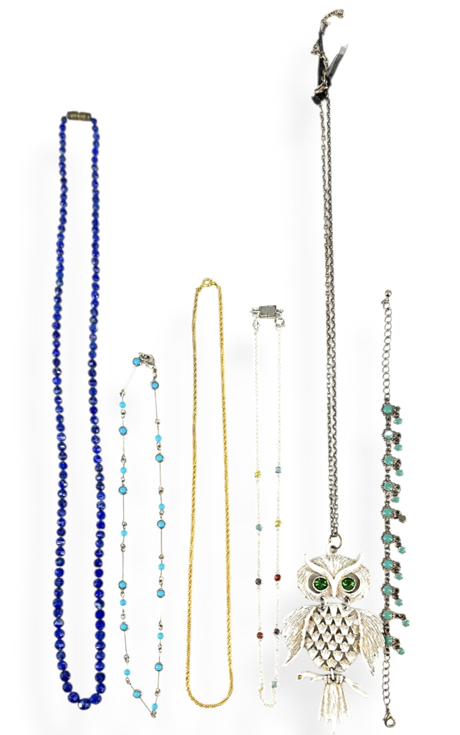 Cool Showy Owl Necklace, Faceted Lapis Lazuli Bead Necklace, Fashion Turquoise Pieces: Cool Showy Owl Necklace, Faceted Lapis Lazuli Bead Necklace, Fashion Turquoise Pieces Owl necklace is painted in white with a touch of gold enamel, has bright green fashion stone eyes, is hinged for m