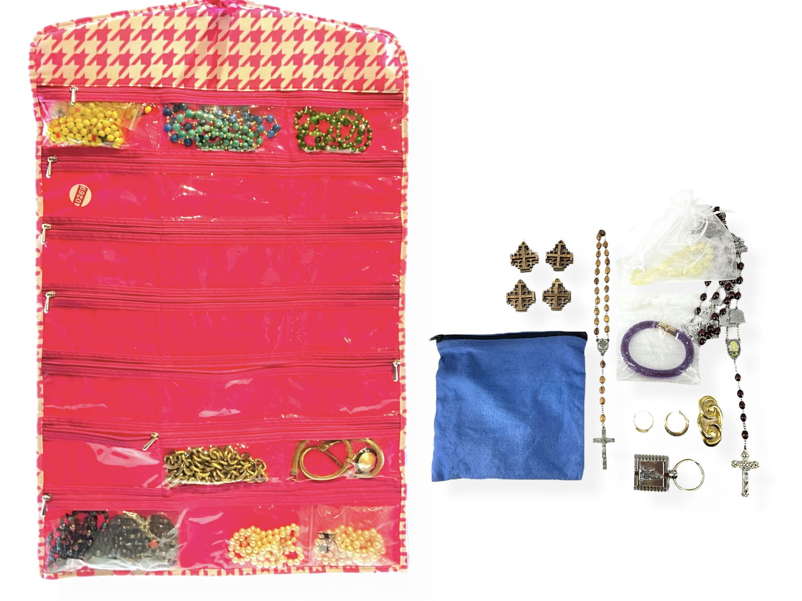 NWT Hanging Jewelry Organizer, Two Wood Bead Rosaries, Majorica Pearl Strand and More: NWT Hanging Jewelry Organizer, Two Wood Bead Rosaries, Majorica Pearl Strand and MoreFrom Sheffield Home is a Jewelry Hanging Organizer w/clear zippered pockets in pink cotton with plastic sections, p