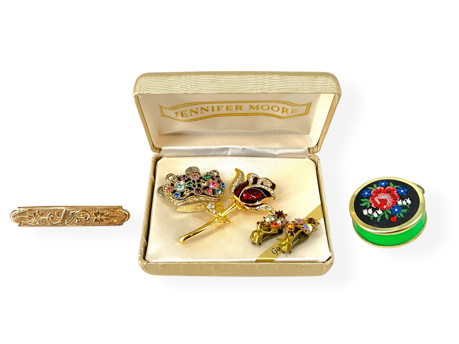 Antique Bar Pin, Vintage Tape Measure, Vintage Earrings Stamped "Austria," Vintage Perfume Pendant & (1 of 11)