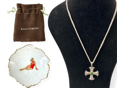 Vintage Pin-Up Girl Trinket Tray and Sterling Silver Maltese Cross Pendant in Ross + Simons Pouch