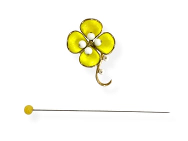 Vintage Yellow & White Beaded Trifari Flower Brooch and Vintage Hatpin in Yellow Glass
