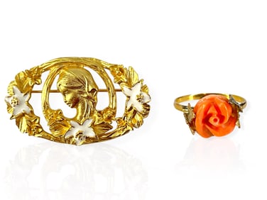 Gold Coral Flower Ring and Gold-Tone Floral Brooch