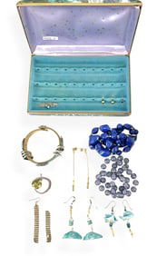 Small Vintage Earring Box w/Fashion Jewelry Including Unworn Turquoise Bracelet