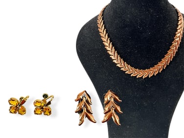 Signed "Renoir" Copper Leaf Necklace and Matching Earrings Plus Vintage Clover Design Earrings