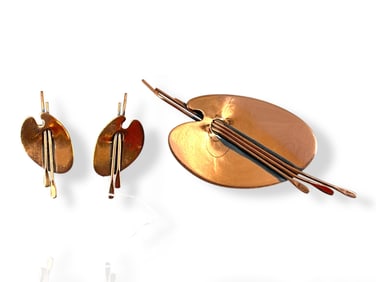Large Copper Artist's Palette Brooch & Matching Earrings Signed "Renoir"