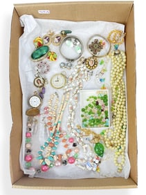 Fashion Jewelry Including Milk-Glass Necklace with Pink Roses, Vintage Beaded Necklaces, Retro