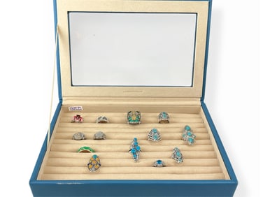 Pretty Blue Ring-Storage Box Branded "Lusterloc by Wolf" and Silver-Tone Rings