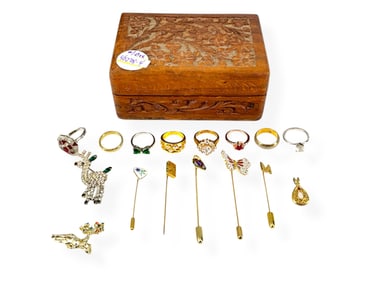 Carved Floral Designed Wooden Box w/Eight Fashion Rings, Five Gold-Tone Stickpins and Gold-Tone Opal