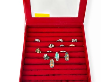 Red Ring-Storage Box and a Baker's Dozen Fashion Rings in Approx Size 8