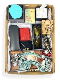 Box Lot of Vintage Fashion Jewelry, Oleg Cassini Glass Paperweight, Boxed "Feidu" Brand Sunglasses,