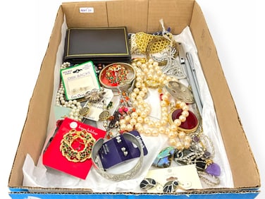 Big Mix of Fashion Jewelry Including Christmas Pins, Signed Pewter Bracelet, Sterling Souvenir
