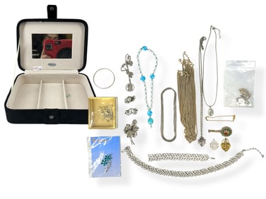 In a Travel Jewelry Case, Mix of Vintage Costume Jewelry Including Religious Necklaces, Micro-Mosaic