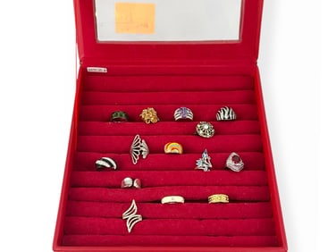Red Ring-Storage Box and 14 Fashion Rings in Approx Size 9