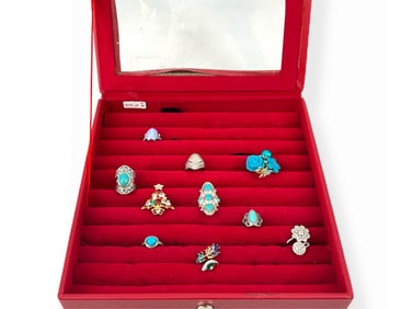 Red Ring-Storage Box and Ten Fashion Rings in Approx Size 6