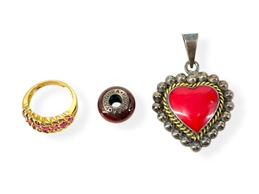 Sterling Silver Heart Pendant, Pandora Bead and Gold-Plated Ruby Ring