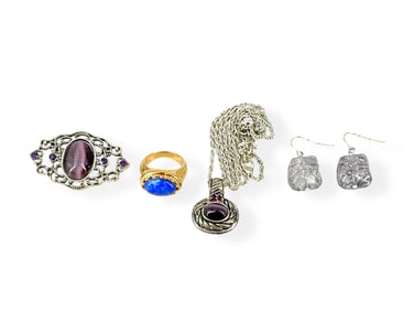 Silver-Tone Necklace & Matching Brooch w/Purple Chatoyant Stones, Rutile-Motif Earrings, Gold-Plated