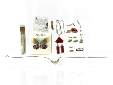 Napier Butterfly Brooch, Mens' Cufflinks and Tie-Bars, Towle Sterling Make-Up Brush w/Container and