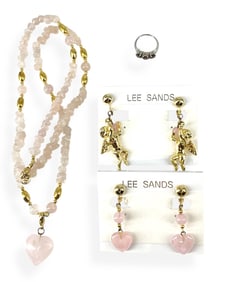 Rose Quartz Fashion Jewelry by Lee Sands, Vintage Signed "Napier" Earrings and Garnet Hearts Ring