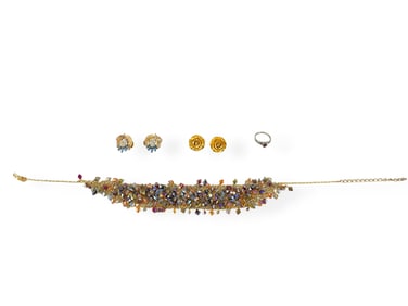 Pretty Mesh Necklace w/Multi-Color Beaded Fringe, Two Pair of Beautiful Vintage Earrings Signed