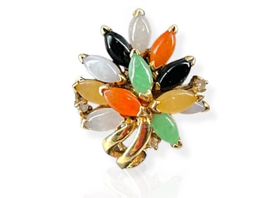14k y/g Cluster Ring w/Onyx, Coral and Jade Stones