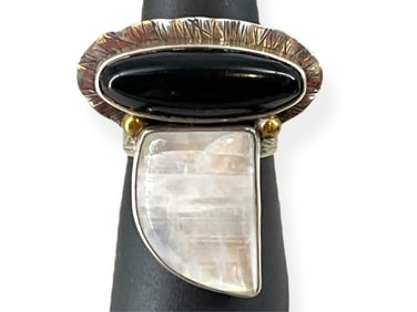 Fancy Silver Ring with Inlaid Stones and Engraved Silver