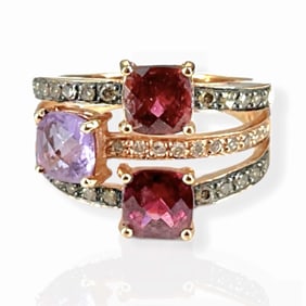 Signed "LeVian" Ring in Rose Gold with Amethyst, Rhodolite Garnet and Pink Tourmaline - Original