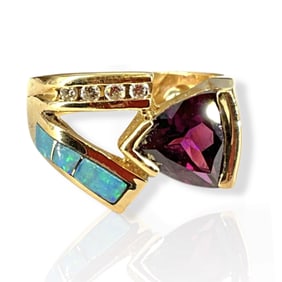 Substantial Ring with Inlaid Opal, Almandine Garnet and Accent Diamonds