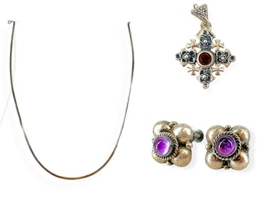Hand-Crafted Silver Earrings from Mexico w/Amethyst Cabochons and Silver Pendant w/Center Garnet